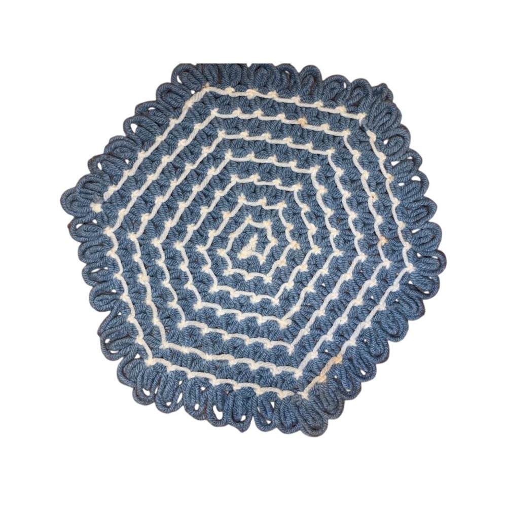 Vintage Handmade Hexagon Crochet Doily Blue White Scalloped Grannycore Decor